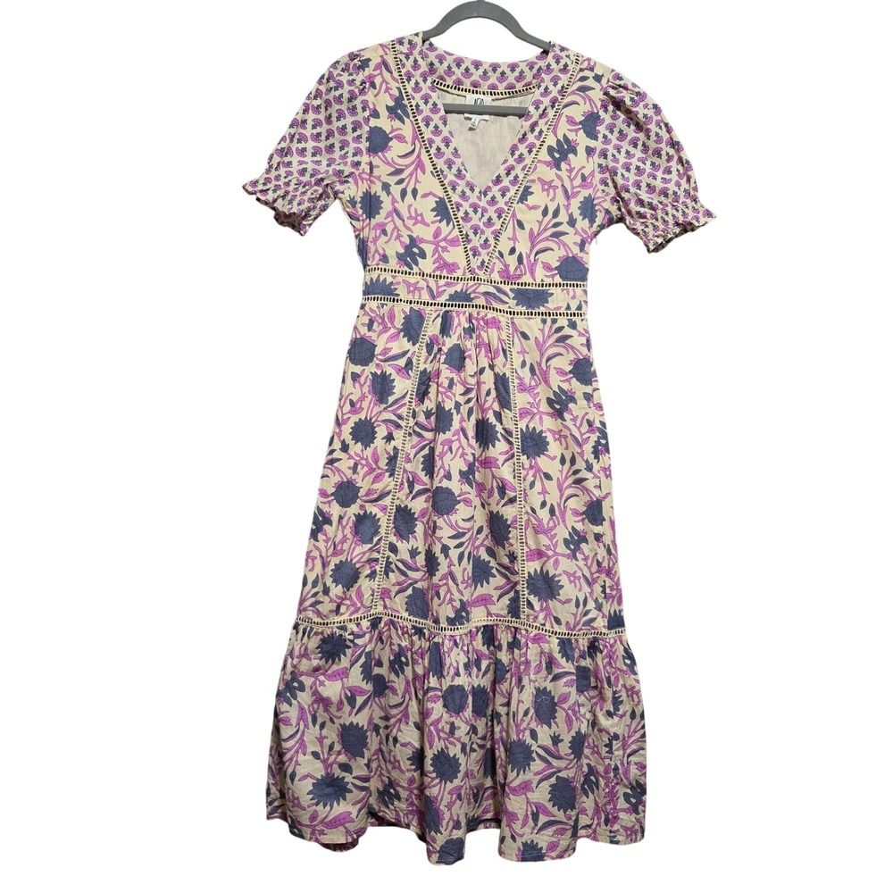 dRA Los Angeles Floral Block Print Midi Dress Purple Blue V-Neck Puff Sleeve S